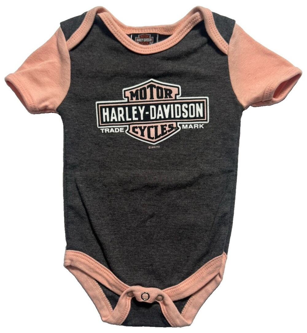 Harley-Davidson Baby Bodysuit 3-6M Gray Pink Short Sleeve Logo One Piece